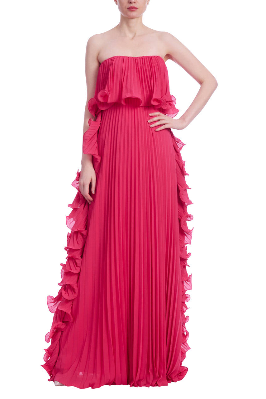 Strapless Ruffle-Trim Pleated Gown by Badgley Mischka Strapless Ruffle-Trim Pleated Gown by Badgley Mischka