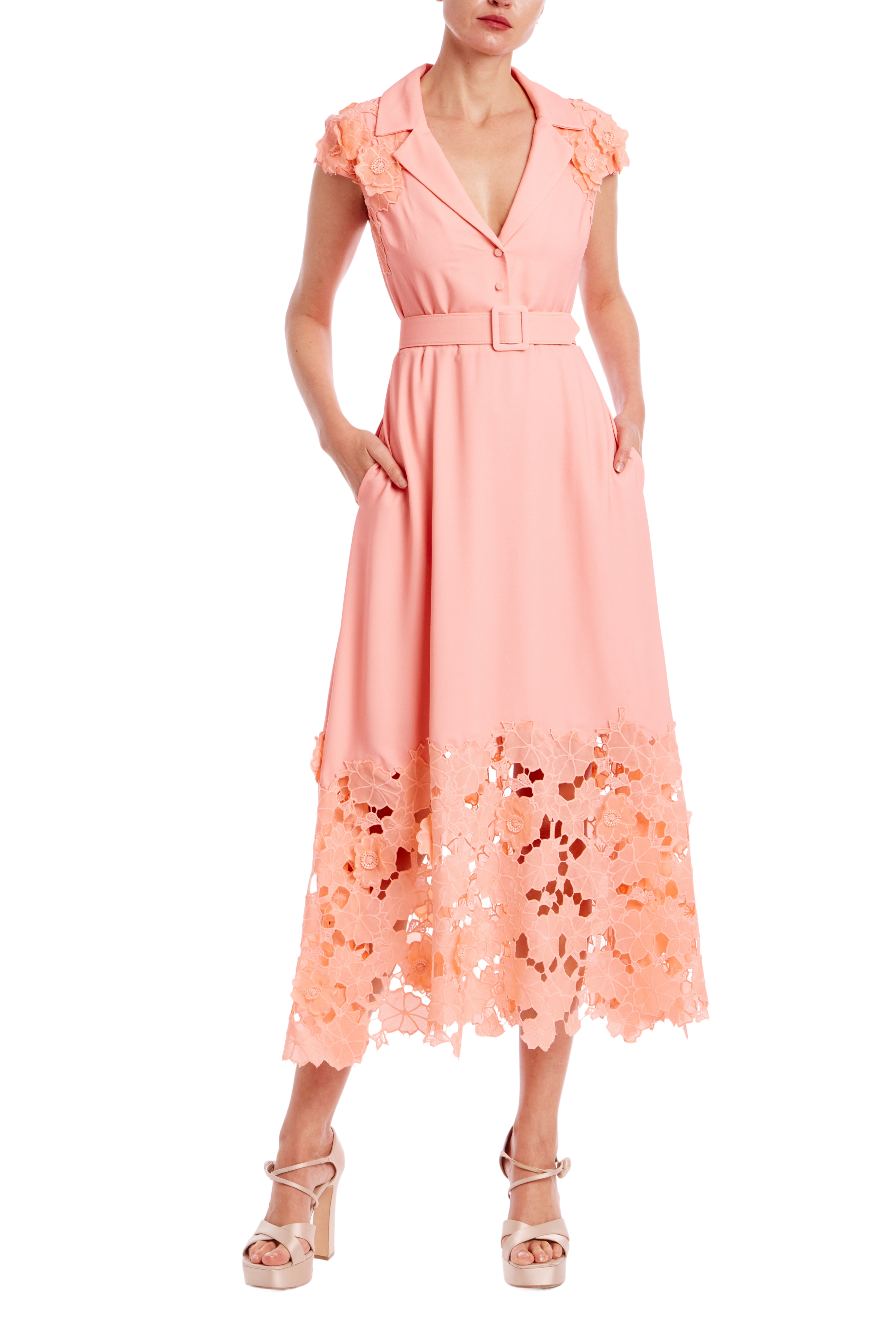 Lace Hem Belted Midi Dress by Badgley Mischka Lace Hem Belted Midi Dress by Badgley Mischka
