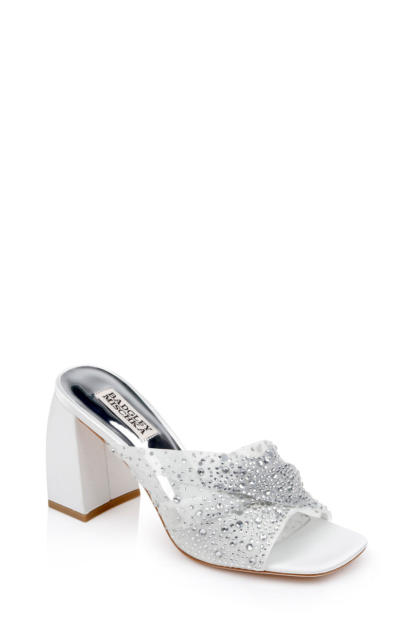 Camelia Crystal-Embellished Peep-Toe Mules with Block Heel by