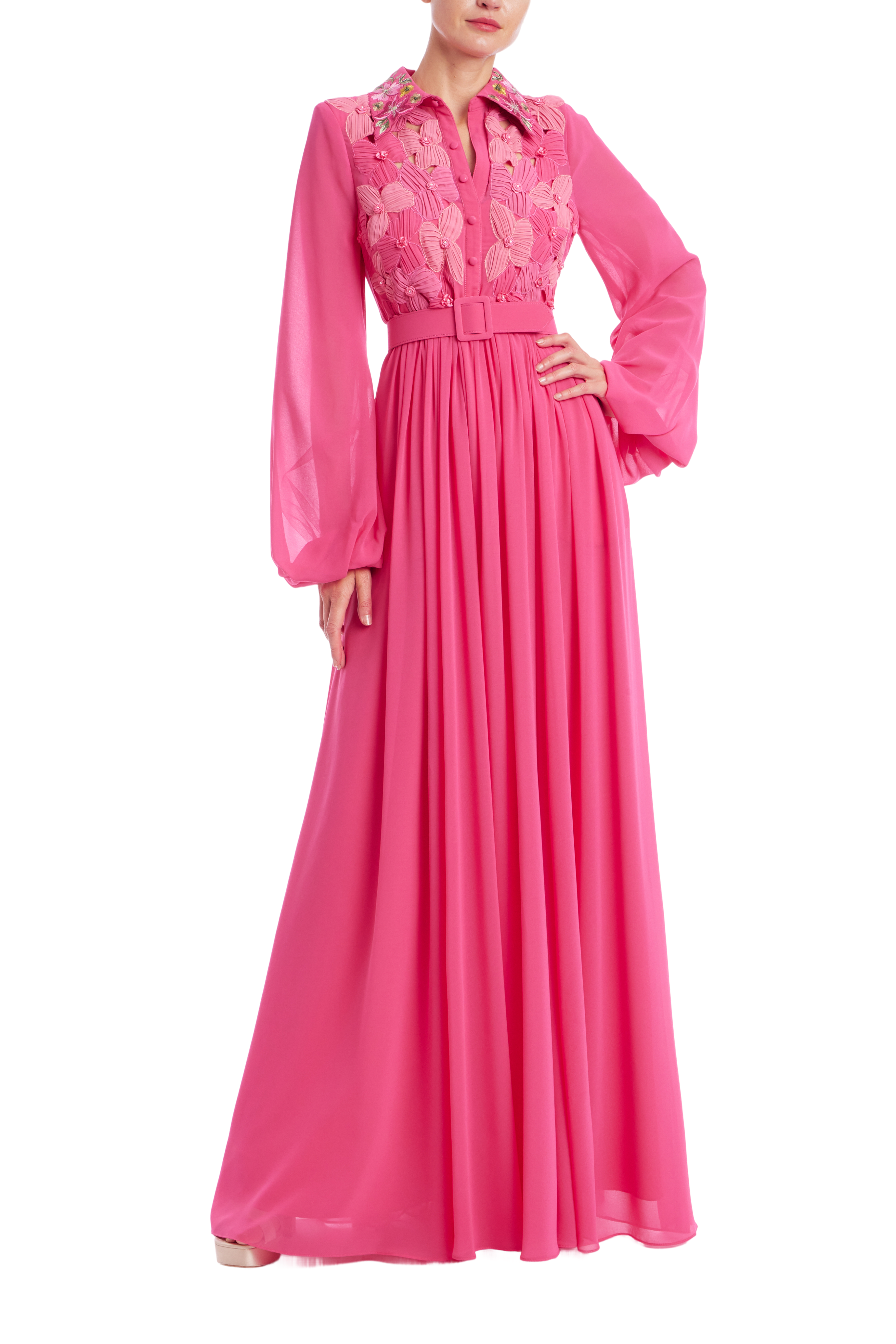 Badgley Mischka Floral Embroidered Long Sleeve Shirt Gown Dress Badgley Mischka Floral Embroidered Long Sleeve Shirt Gown Dress