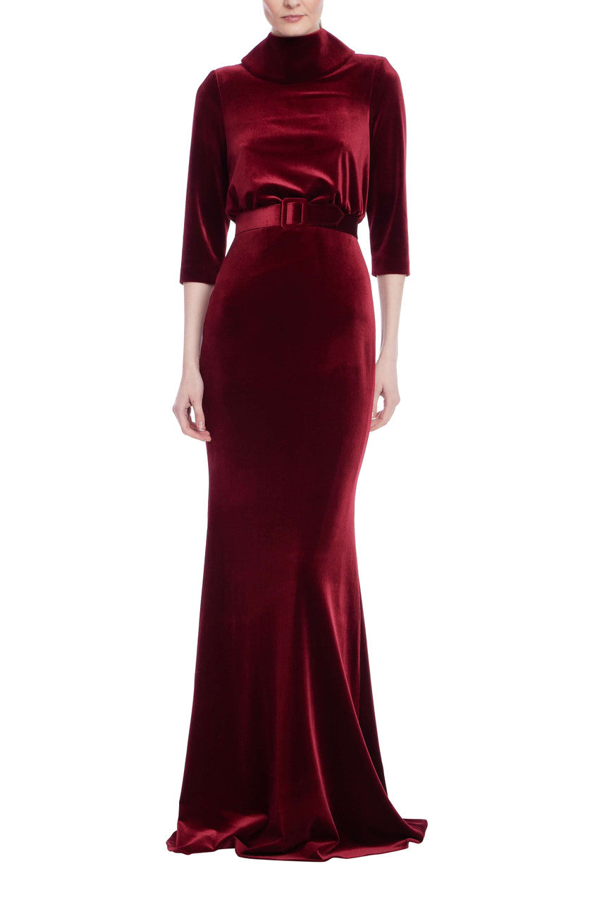 Badgley Mischka Velvet Mock Neck Belted Sheath Gown Dress