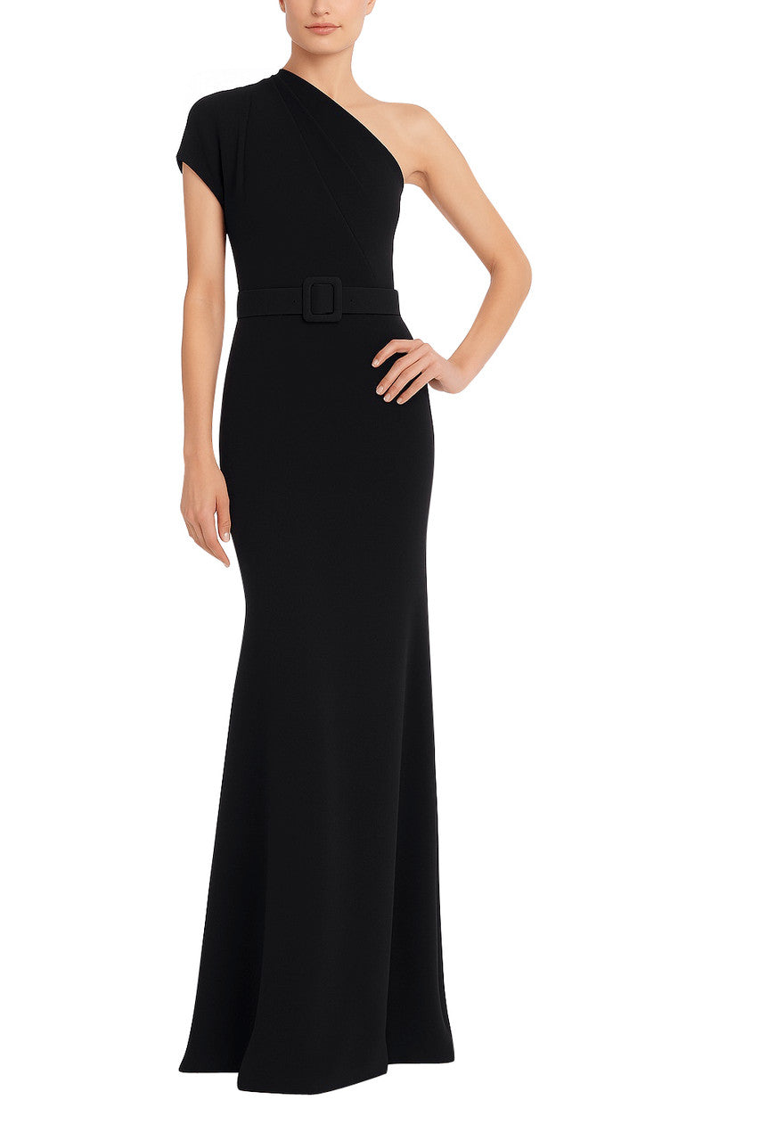 One-Shoulder Buckle Belt Evening Gown by Badgley Mischka One-Shoulder Buckle Belt Evening Gown by Badgley Mischka