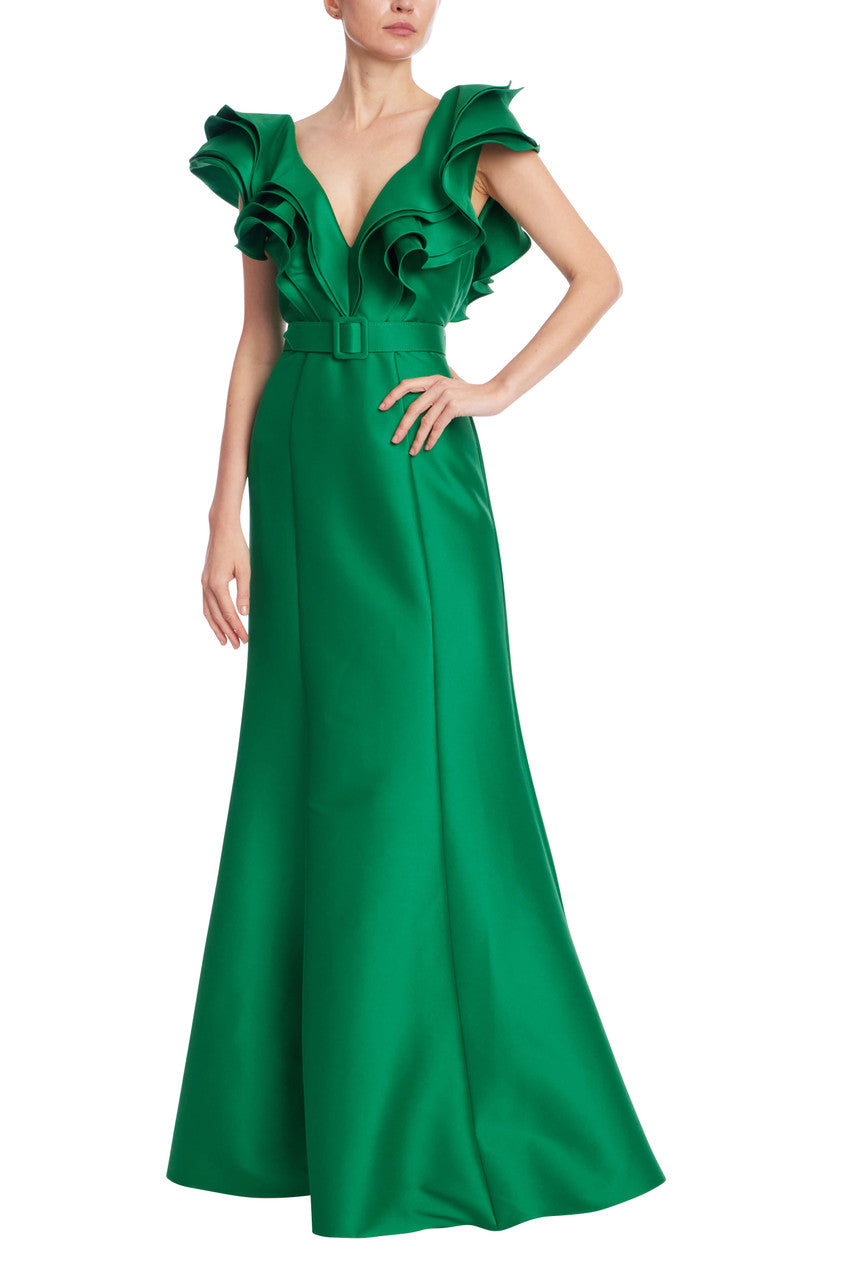 Ruffled Neckline Belted Trumpet Gown by Badgley Mischka