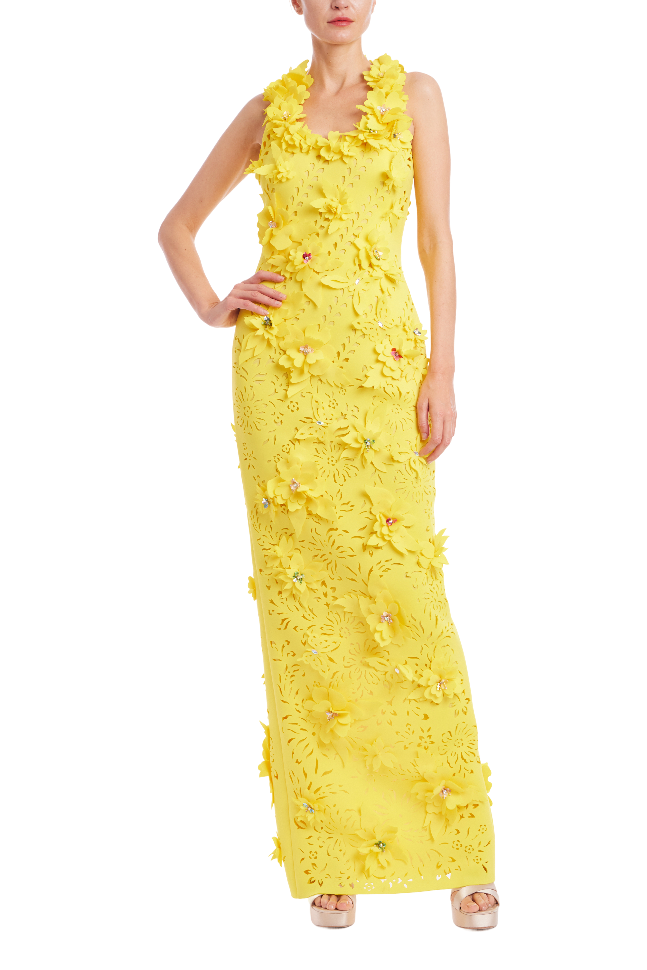 3D Floral Scuba Sleeveless Gown by Badgley Mischka