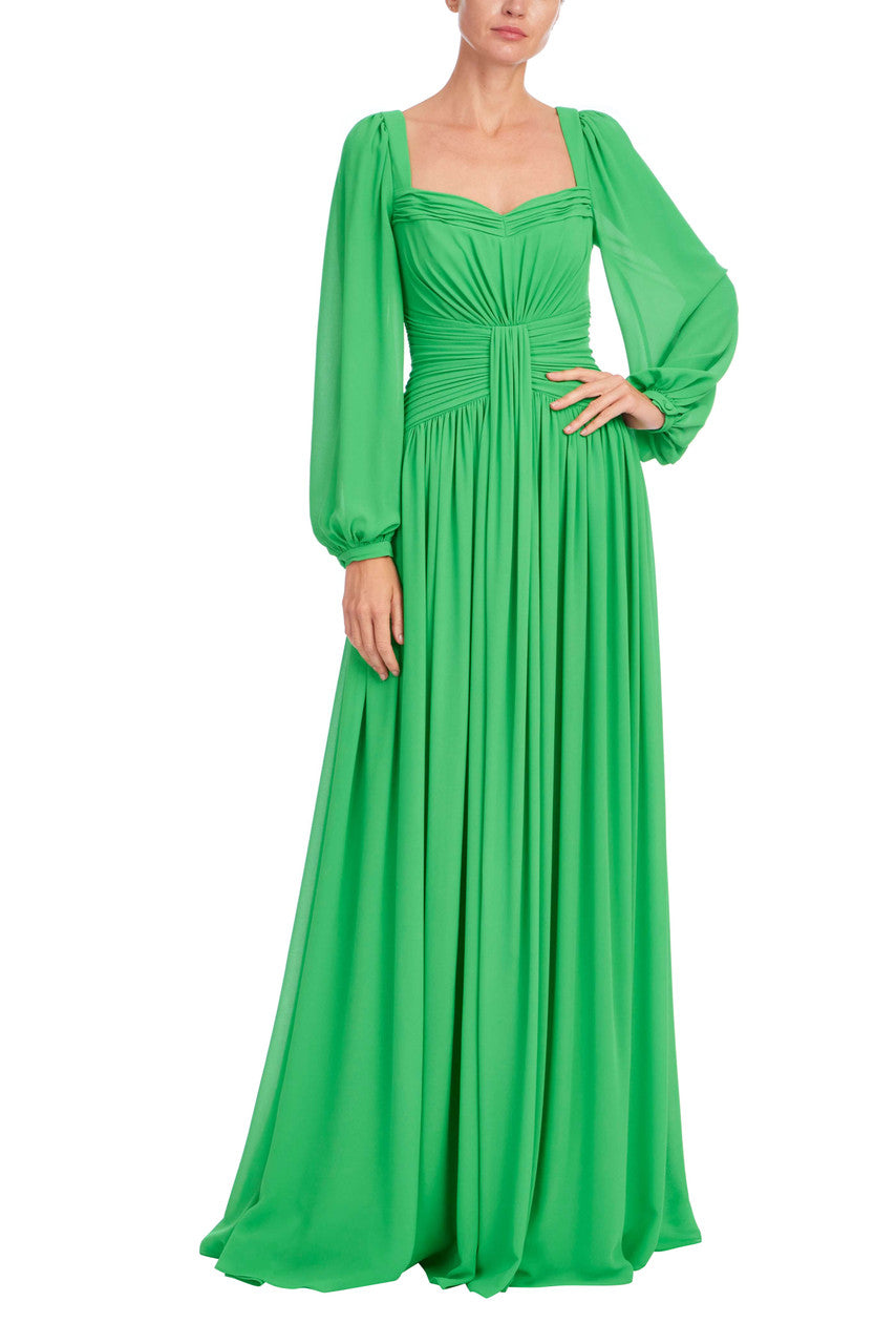 Pleated Sweetheart Bishop Sleeve Gown by Badgley Mischka Pleated Sweetheart Bishop Sleeve Gown by Badgley Mischka