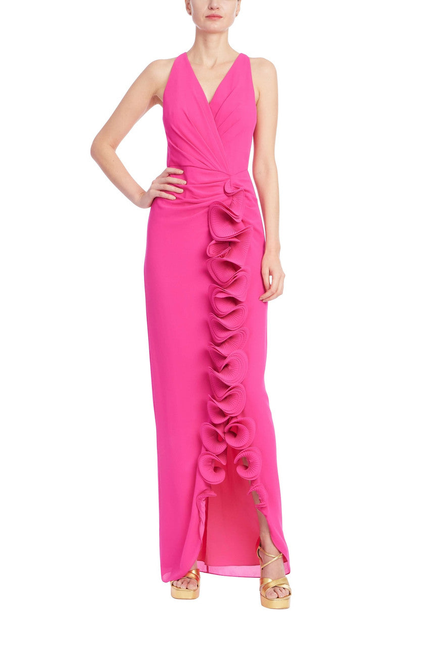 Sleeveless V-Neck Gown with 3D Rosette Ruffle by Badgley Mischka
