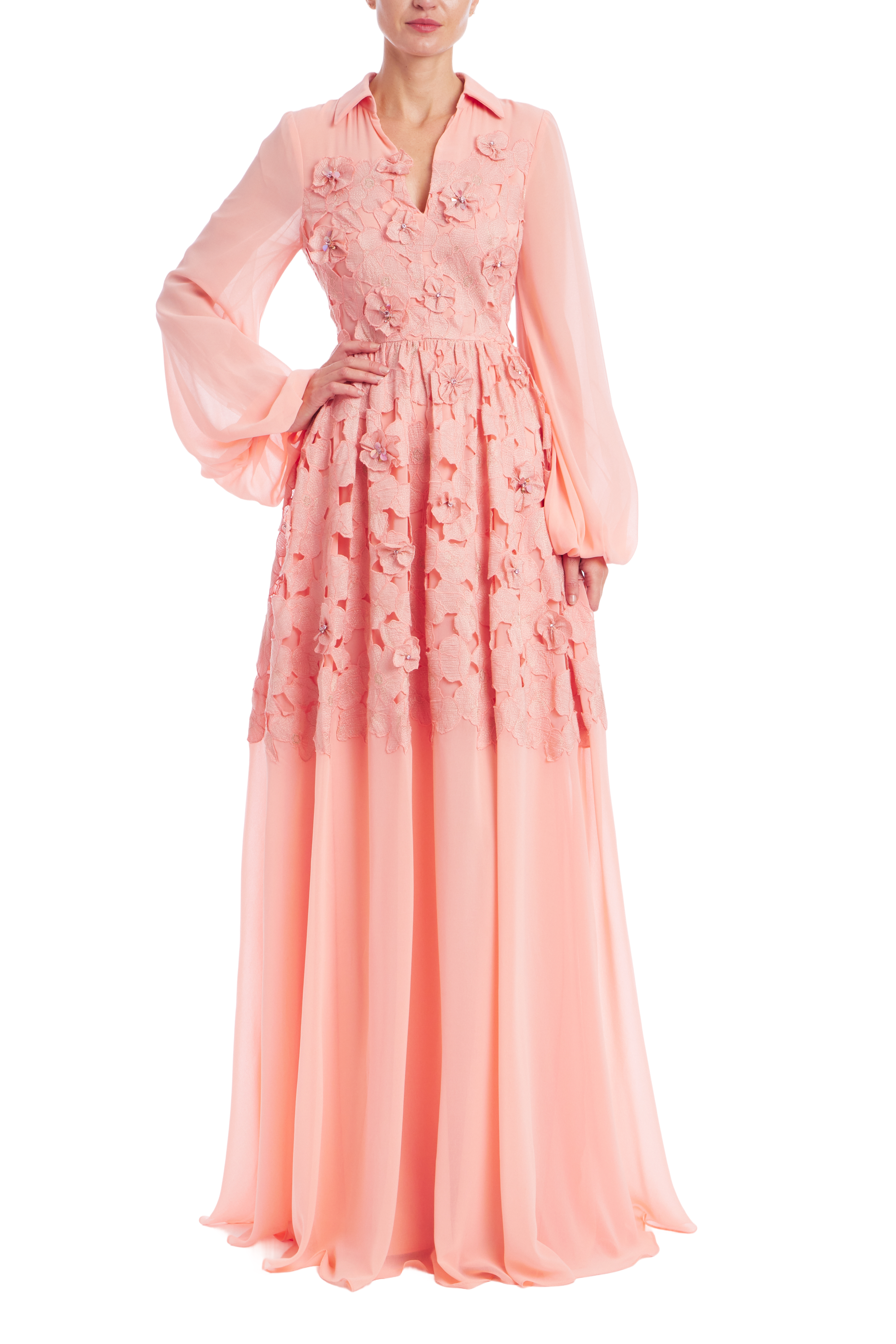 Badgley Mischka Long Sleeve Floral Lace Shirt Gown Dress