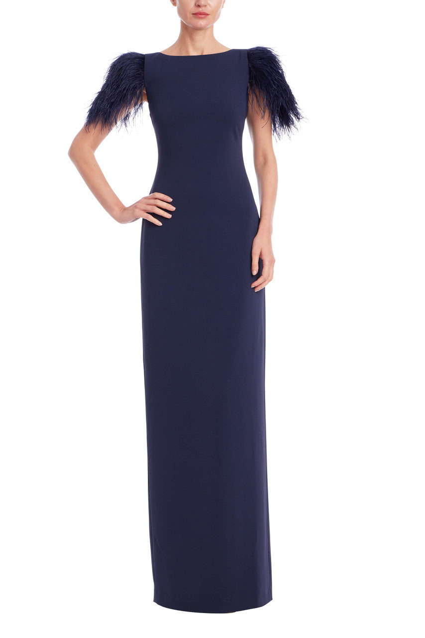 Feather Trim Short Sleeve Column Gown by Badgley Mischka