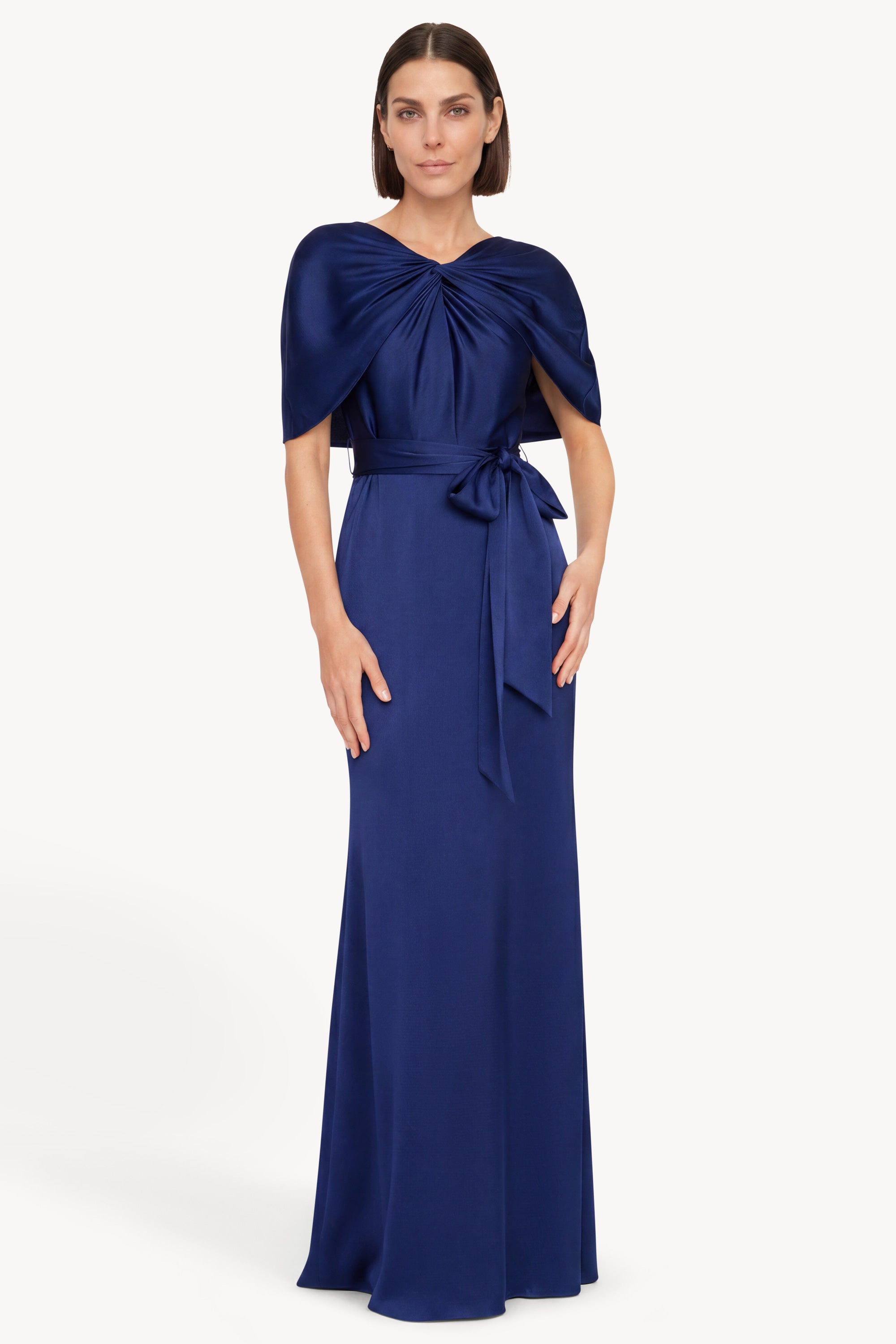 Badgley Mischka Hammered Satin Cape Sleeve Gown, Blue, Women's, 2