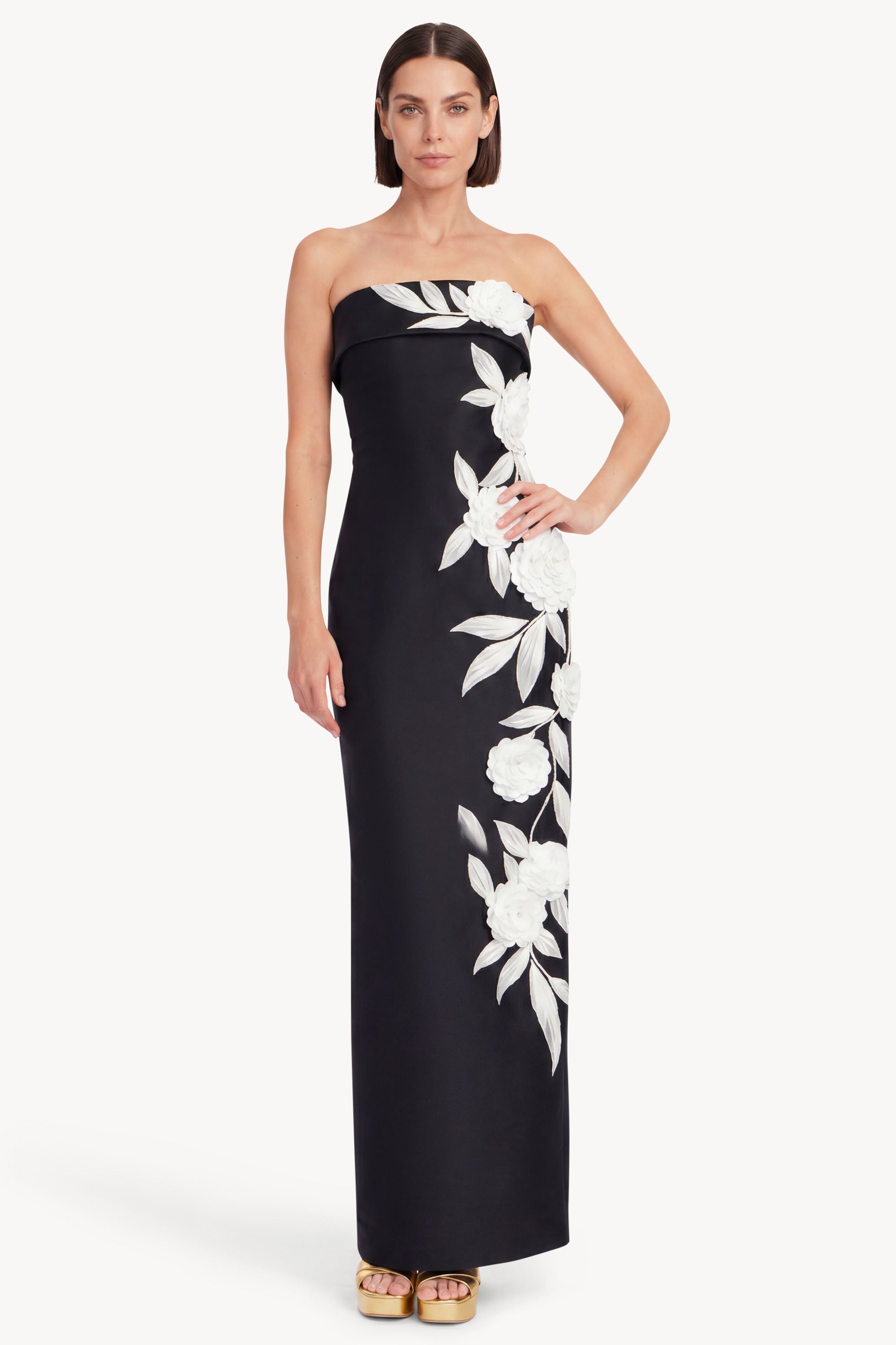 Badgley Mischka Women's Floral-Embroidered Stretch Mikado Column Gown - Black White
