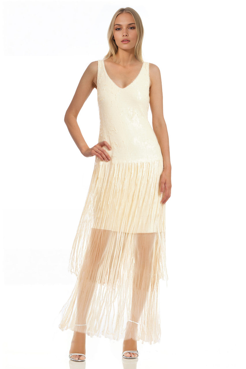 Emilia Tiered Sequin Fringe V-Neck Dress by Jewel Badgley Mischka