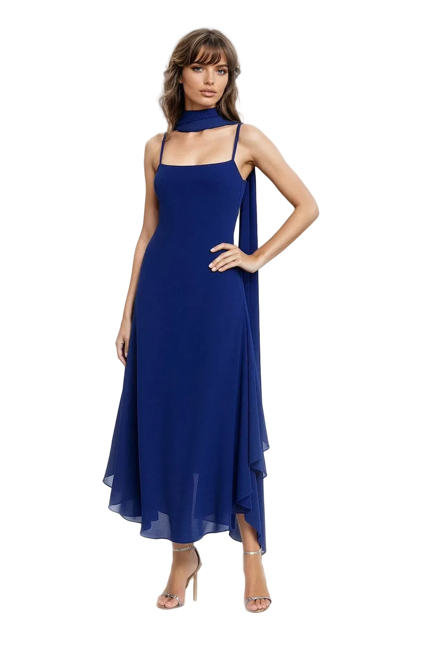 fitted lace wedding dress Janie Square Neck Midi Dress with Chiffon Scarf Detail by Jewel Badgley  Mishcka – Badgley Mischka