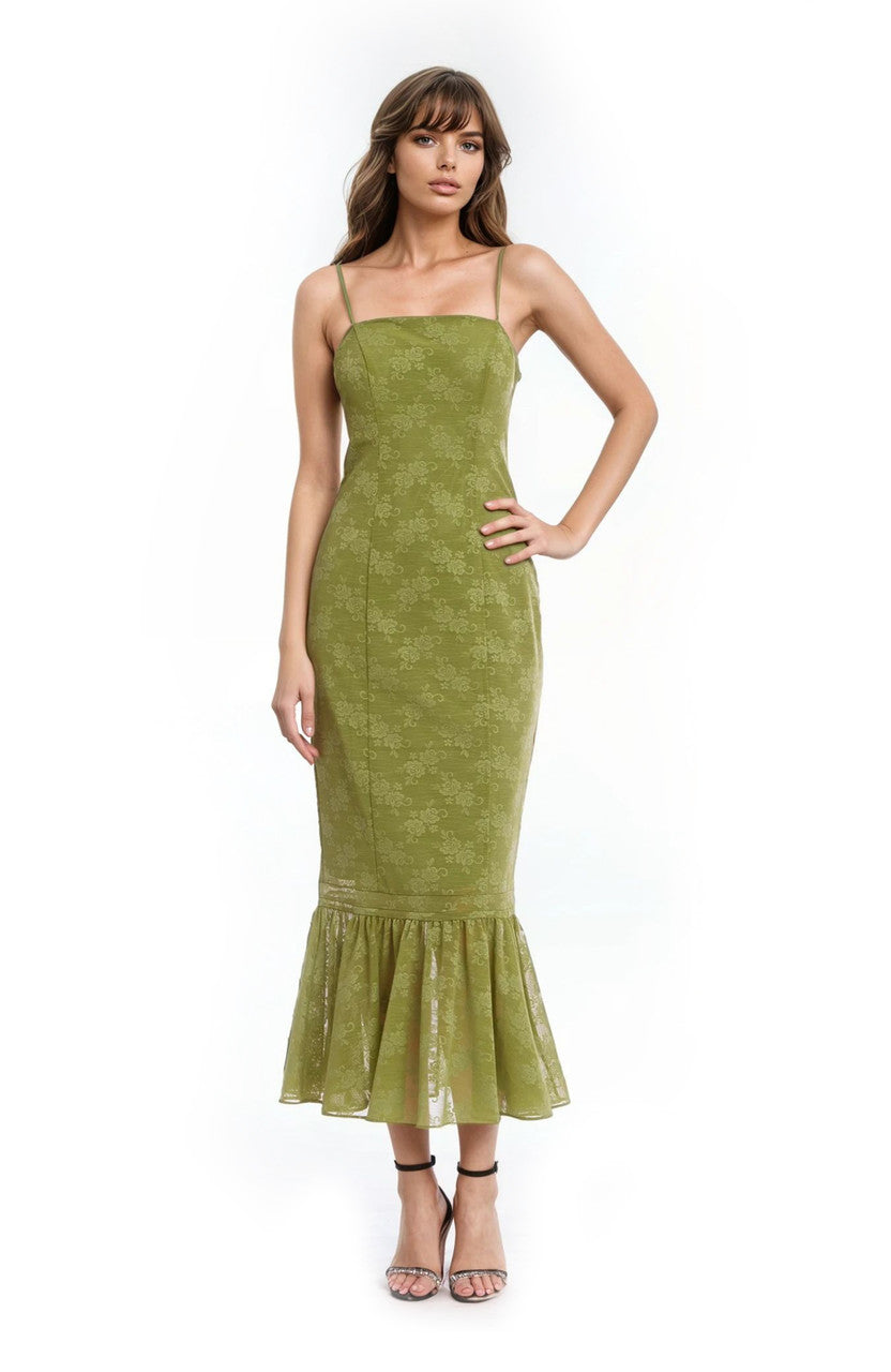Jewel Badgley Mischka Josie Floral Jacquard Midi Dress with Ruffle Hem, Size: 16 in Green Jewel Badgley Mischka Josie Floral Jacquard Midi Dress with Ruffle Hem, Size: 16 in Green