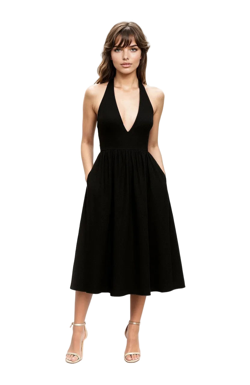 Justine Halter Neck Midi Dress by Jewel Badgley Mishcka – Badgley Mischka