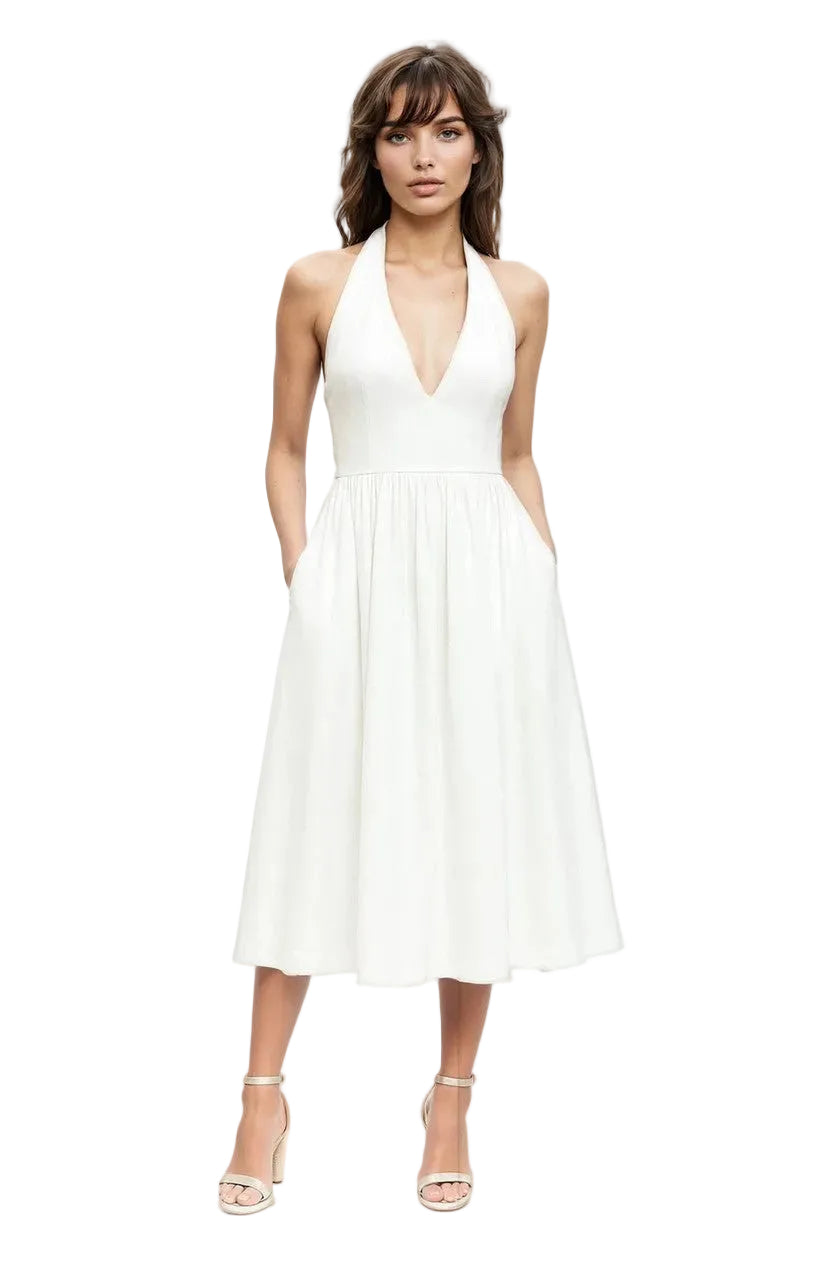 Jewel Badgley Mischka Justine Halter Neck Midi Dress, Size: 14 in White Jewel Badgley Mischka Justine Halter Neck Midi Dress, Size: 14 in White