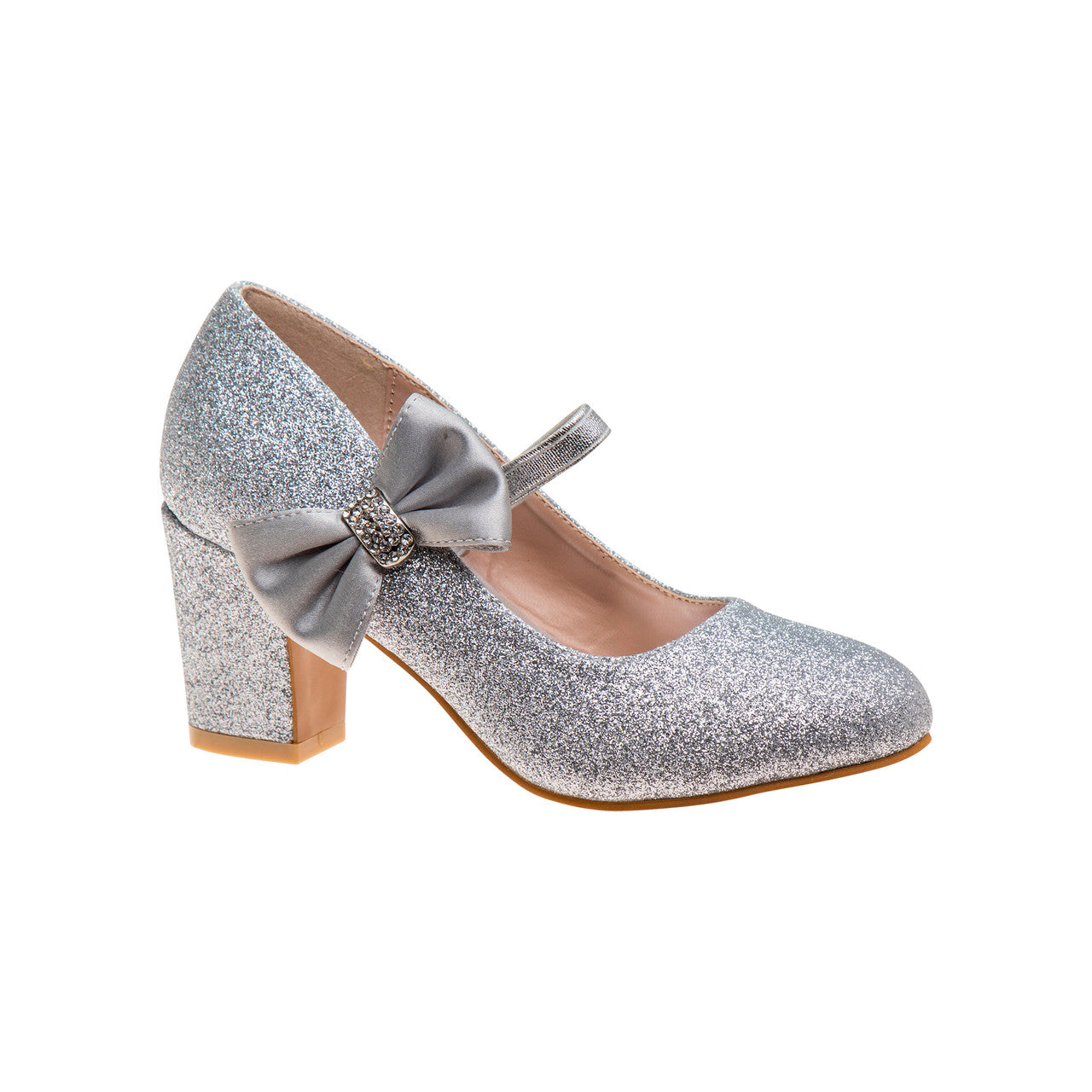 Badgley Mischka Girls Silver Glitter Bow Block Heel Dress Shoes 4 Kids