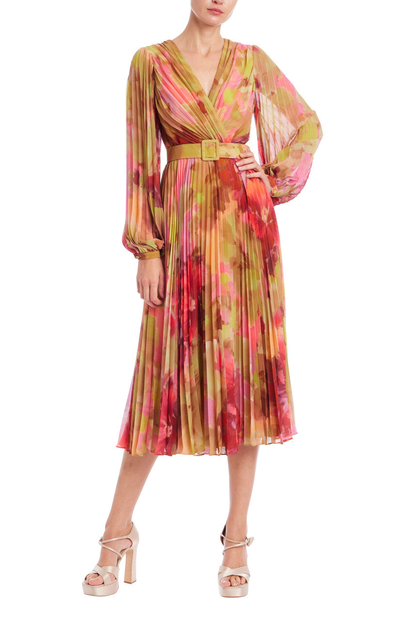 Pleated Bishop Sleeve Belted Midi Dress by Badgley Mischka Pleated Bishop Sleeve Belted Midi Dress by Badgley Mischka