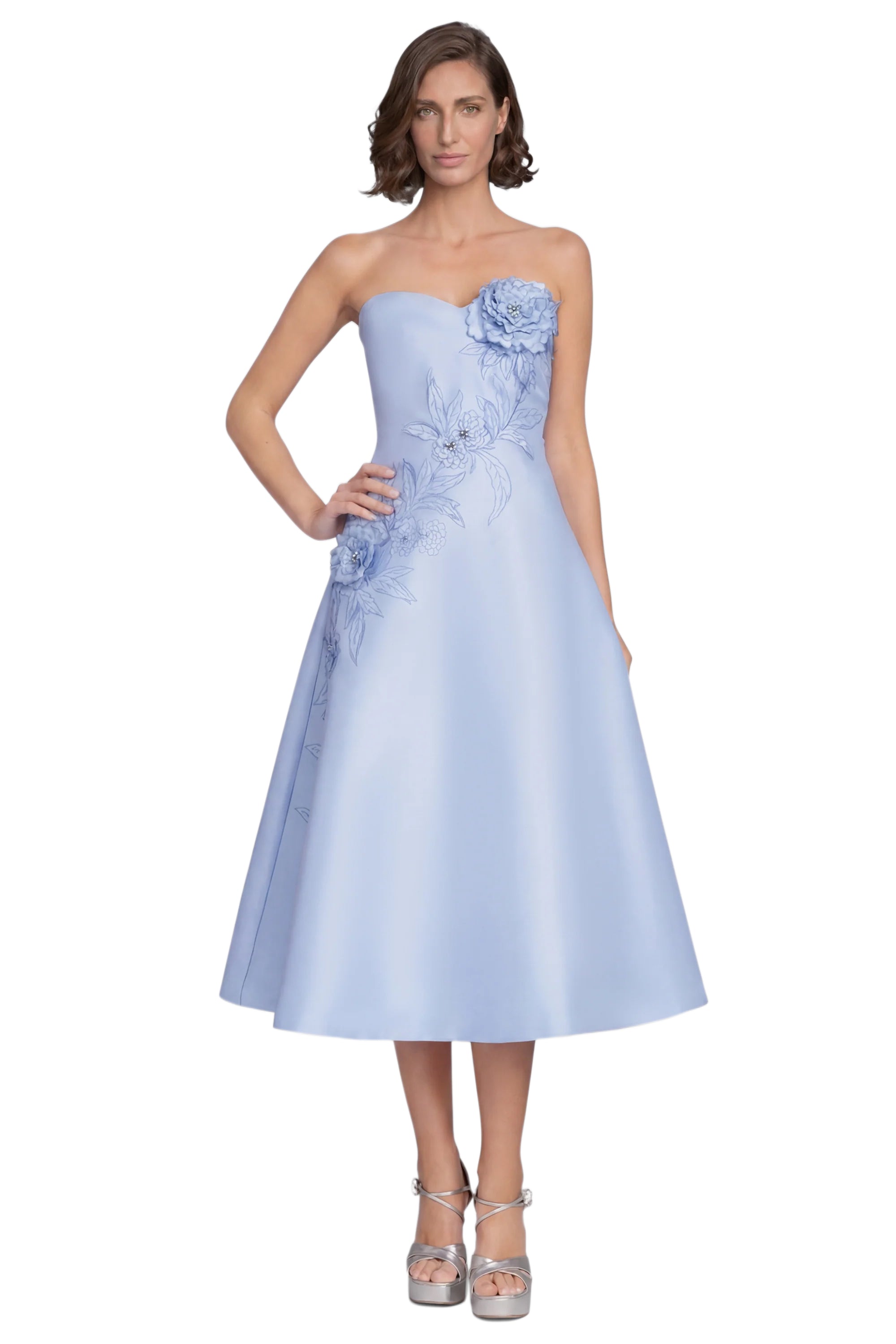 Strapless 3D Floral A-Line Midi Dress by Badgley Mischka Strapless 3D Floral A-Line Midi Dress by Badgley Mischka