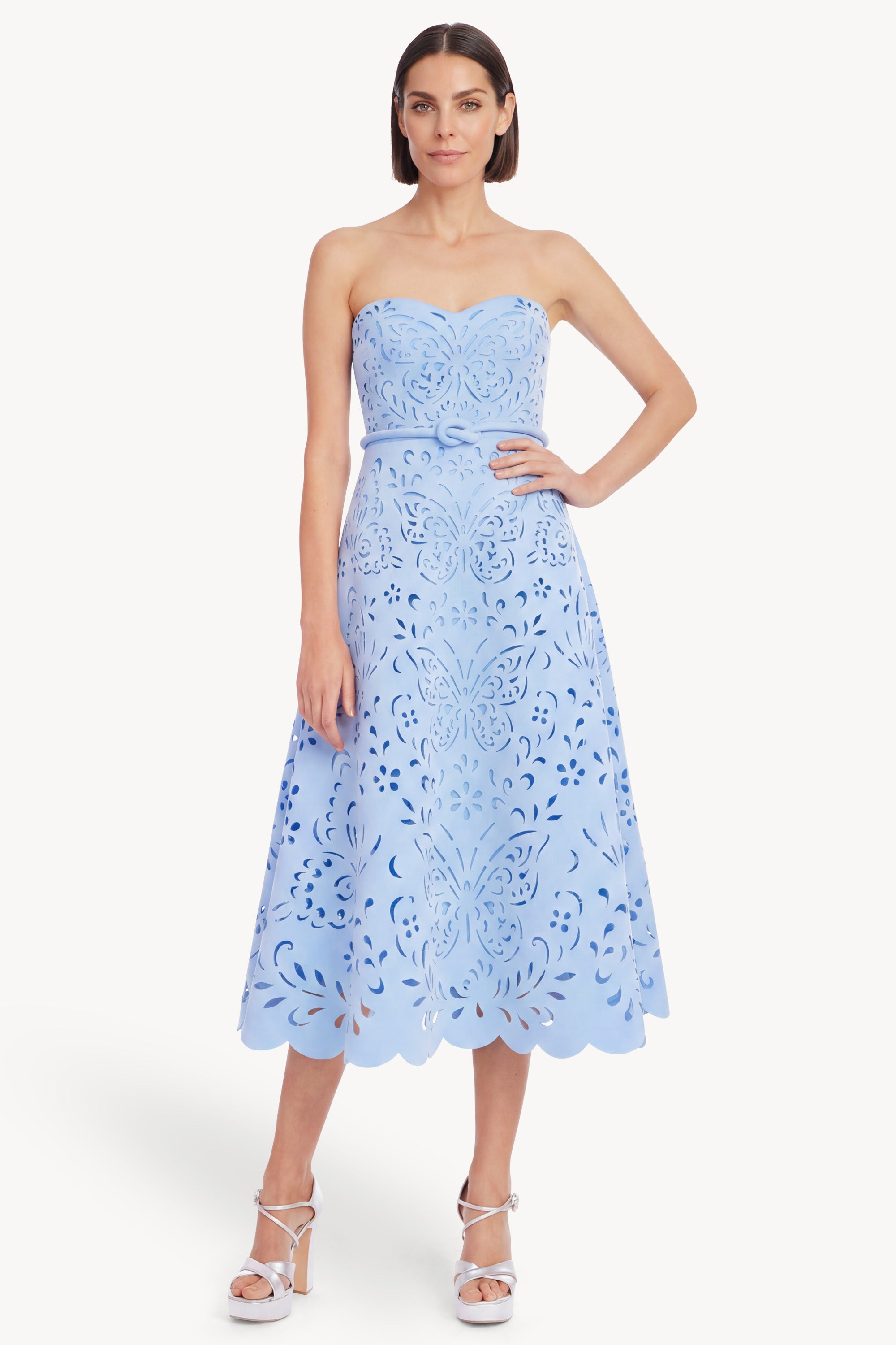 Badgley Mischka Strapless Butterfly Laser-Cut Midi Dress, Periwinkle, Women's, 10