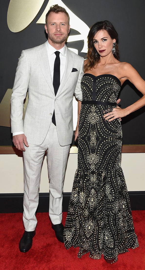 Cassidy Black, wife of country star Dierks Bentley, looked glamorous at the Grammys in the Badgley Mischka Caviar Bead Strapless Evening Gown.
