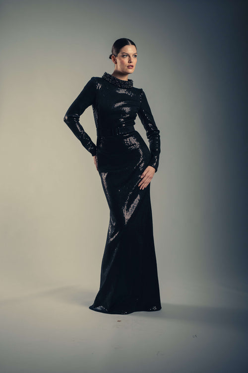 Black Sequin Mock Neck Mermaid Gown