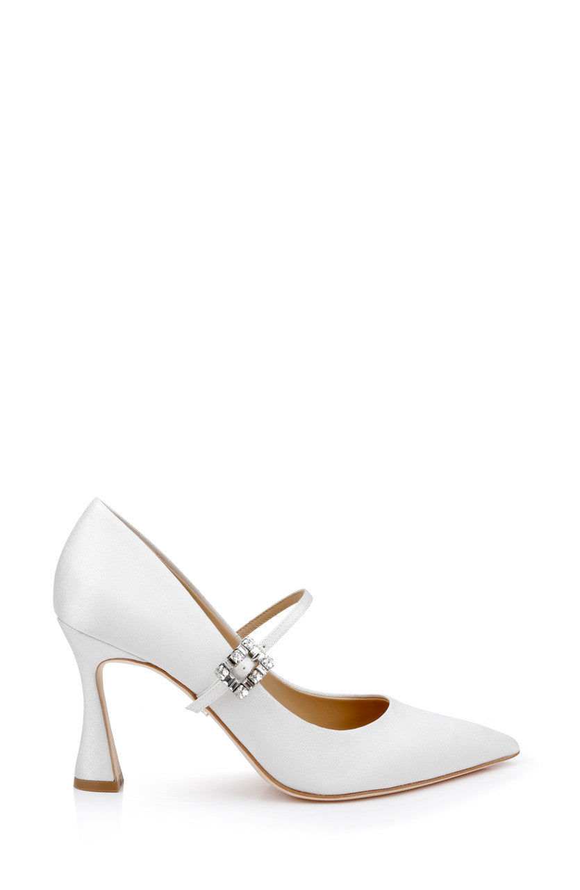 White Crepe | Antonia Pointed Toe Mary Jane Pumps