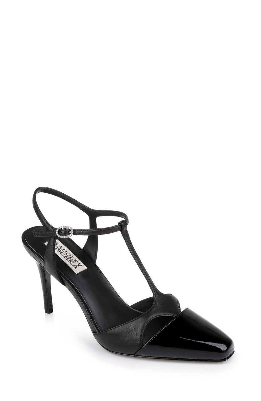 Black Leather | Aurelia Capped Toe T-Strap Stiletto Heels