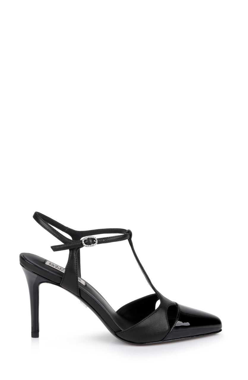 Black Leather | Aurelia Capped Toe T-Strap Stiletto Heels