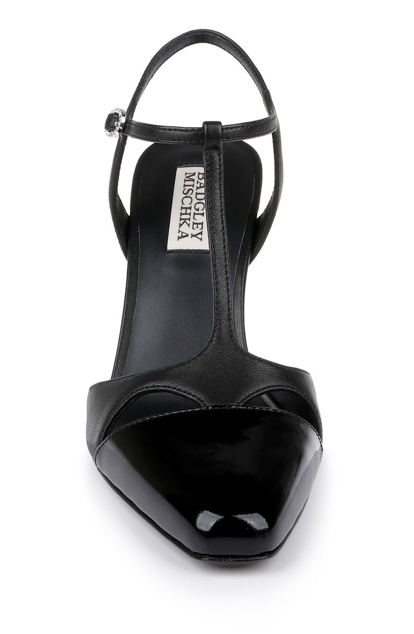Black Leather | Aurelia Capped Toe T-Strap Stiletto Heels