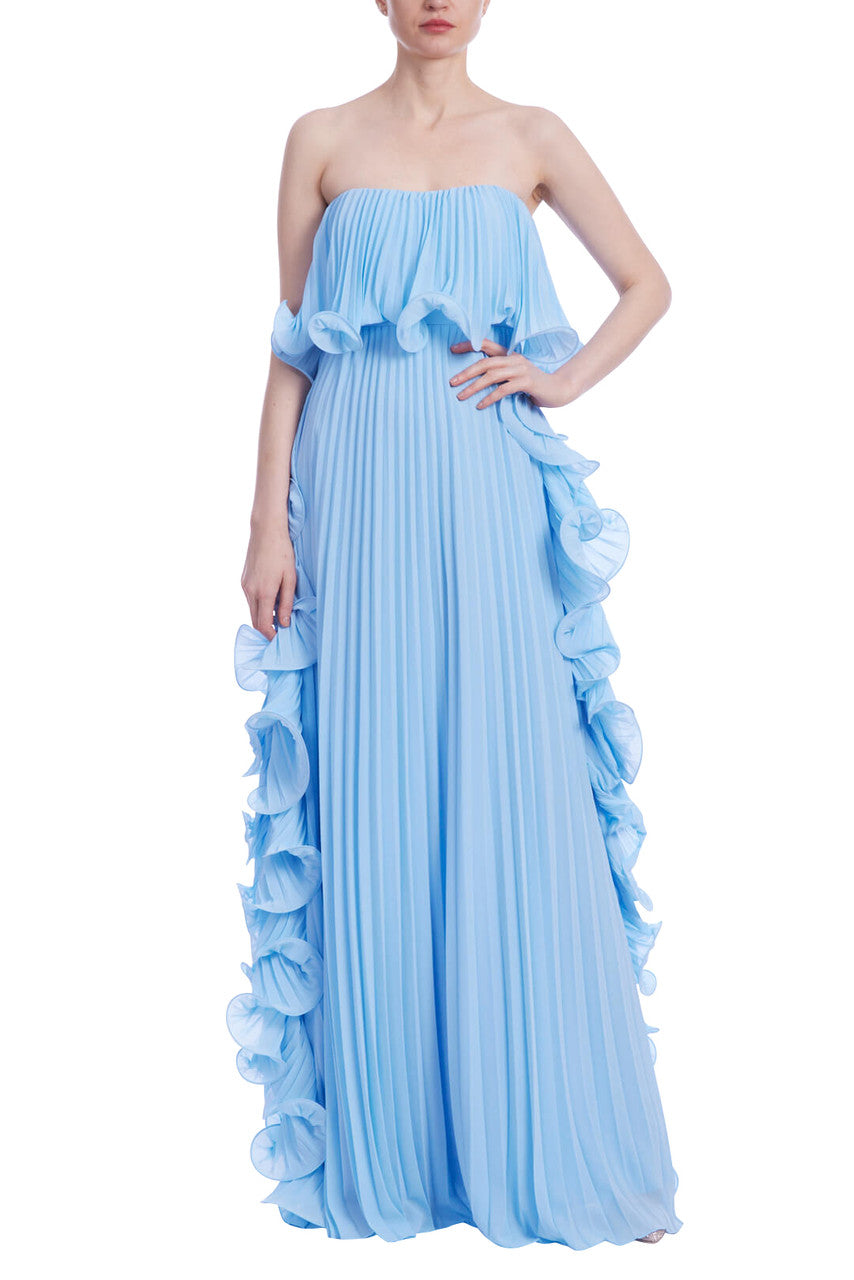 Pale Blue | Strapless Ruffle-Trim Pleated Gown Front