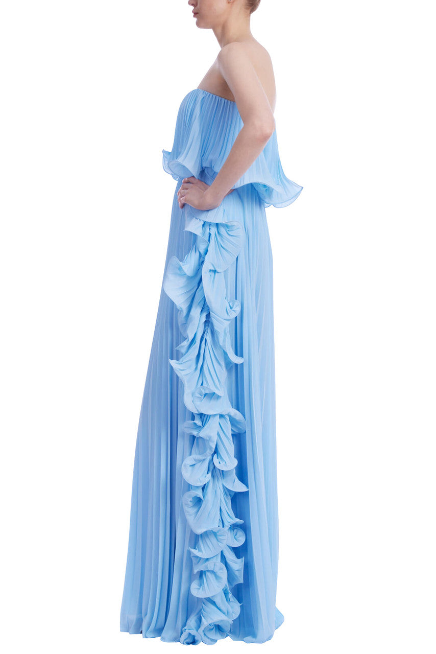 Pale Blue | Strapless Ruffle-Trim Pleated Gown Side