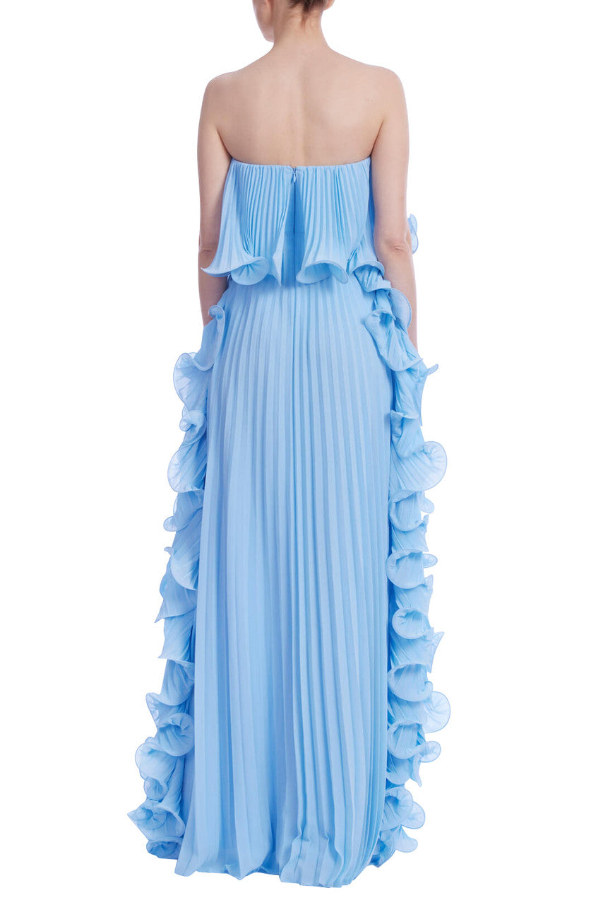 Pale Blue | Strapless Ruffle-Trim Pleated Gown Back