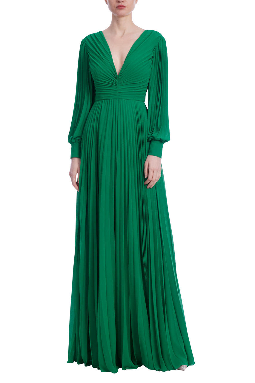 Kelly Green | V-Neck Long Sleeve Pleated Gown Front