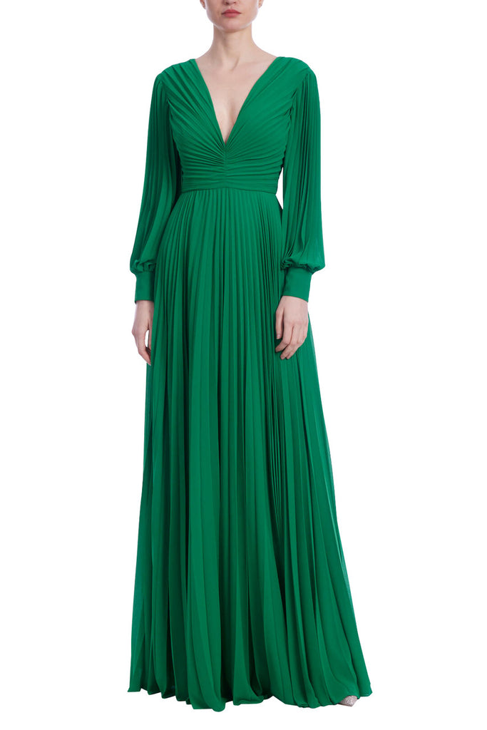Badgley Mischka Women's Sunburst Pleated Long Sleeved Gown - Green - Size 4