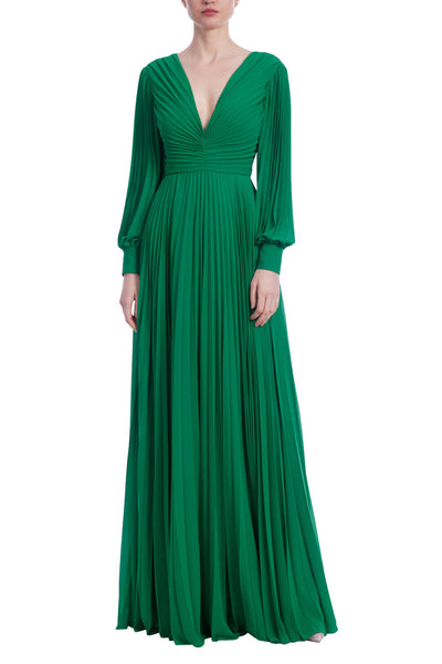 Badgley Mischka Women's Sunburst Pleated Long Sleeved Gown - Green - Size 4