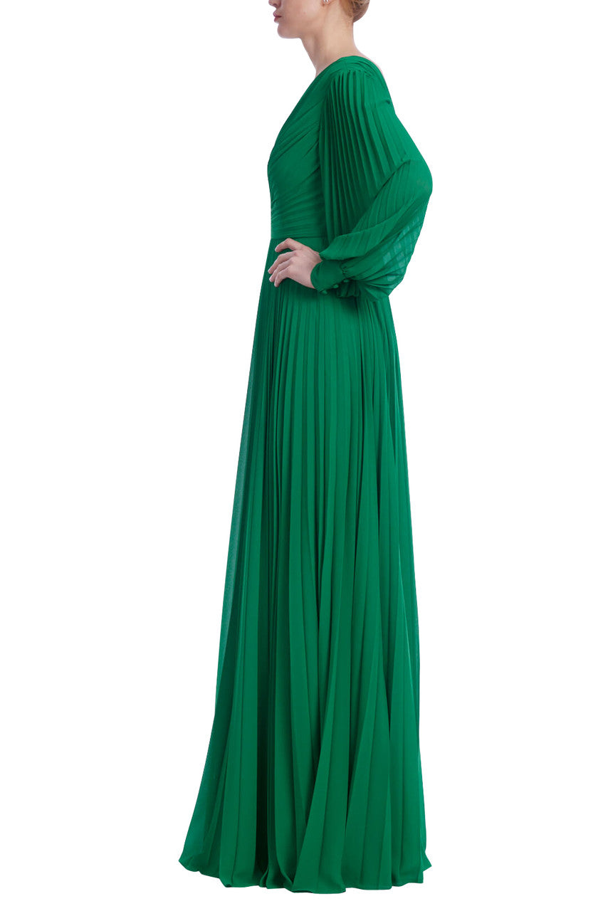 Badgley Mischka Women's Sunburst Pleated Long Sleeved Gown - Green - Size 4