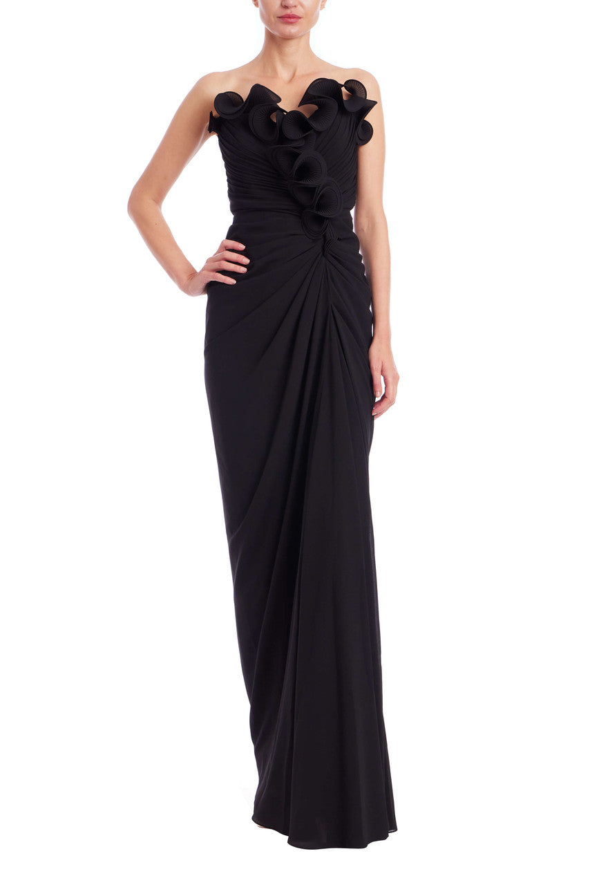 Black | Strapless Pleated Ruffle Gown Front