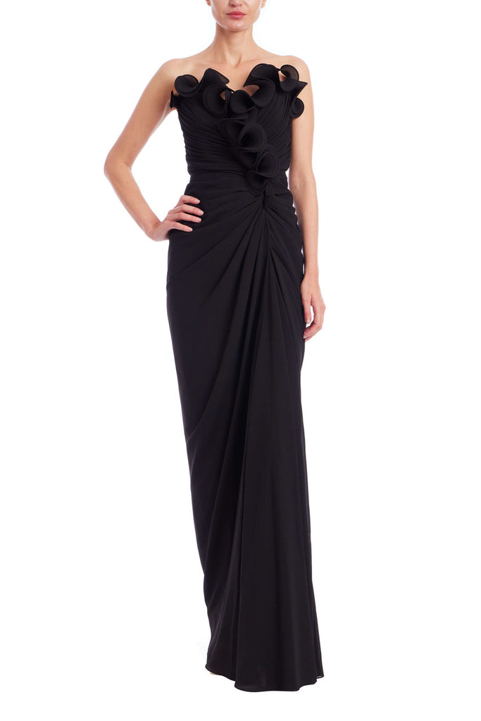Badgley Mischka Strapless Pleated Ruffle Gown Dress