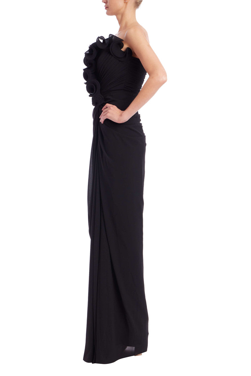 Black | Strapless Pleated Ruffle Gown Side