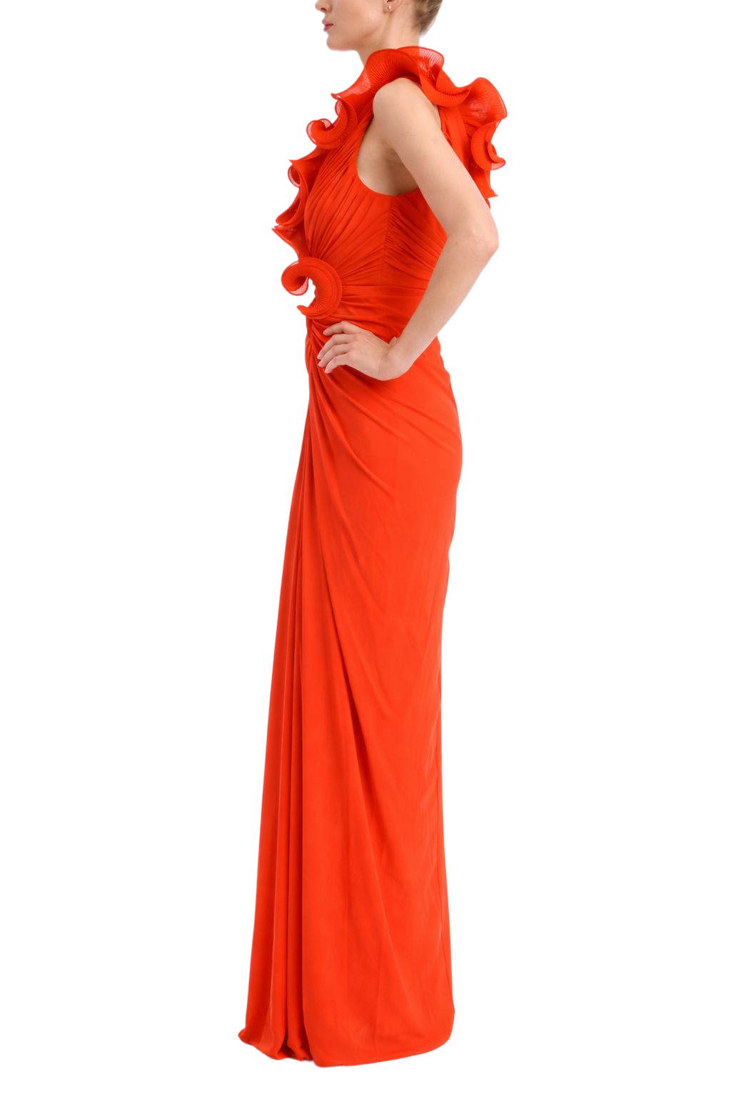 Pleated Ruffle V-Neck Column Gown by Badgley Mischka