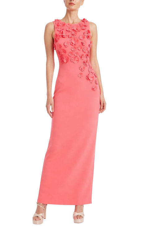 Coral | 3D Floral Appliqué Sheath Gown Front