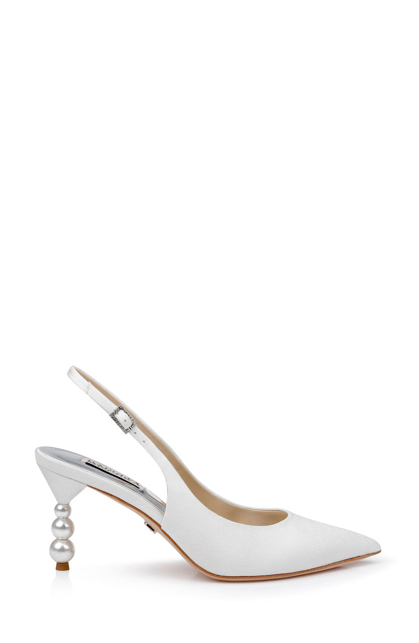 White | Beatrix Pointed-Toe Slingback Heels with Pearl-Beaded Heel Side
