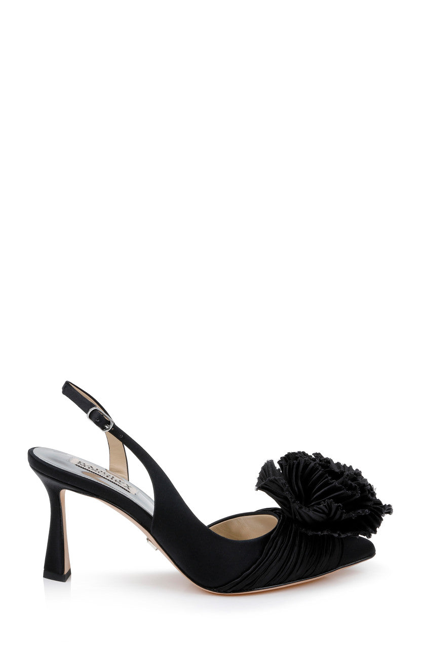 Black | Blaire Pleated Satin Slingback Heels with Floral Detail Side