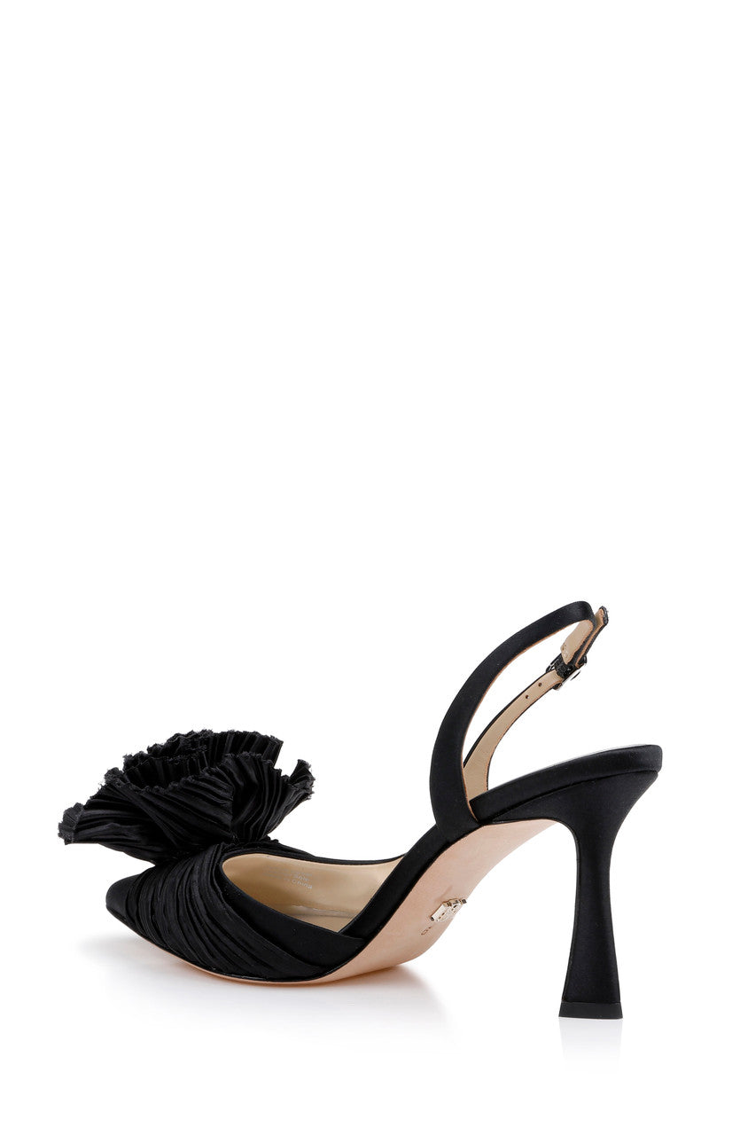 Black | Blaire Pleated Satin Slingback Heels with Floral Detail Back Side