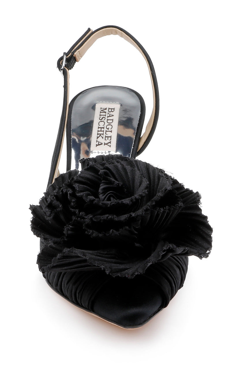 Black | Blaire Pleated Satin Slingback Heels with Floral Detail Front