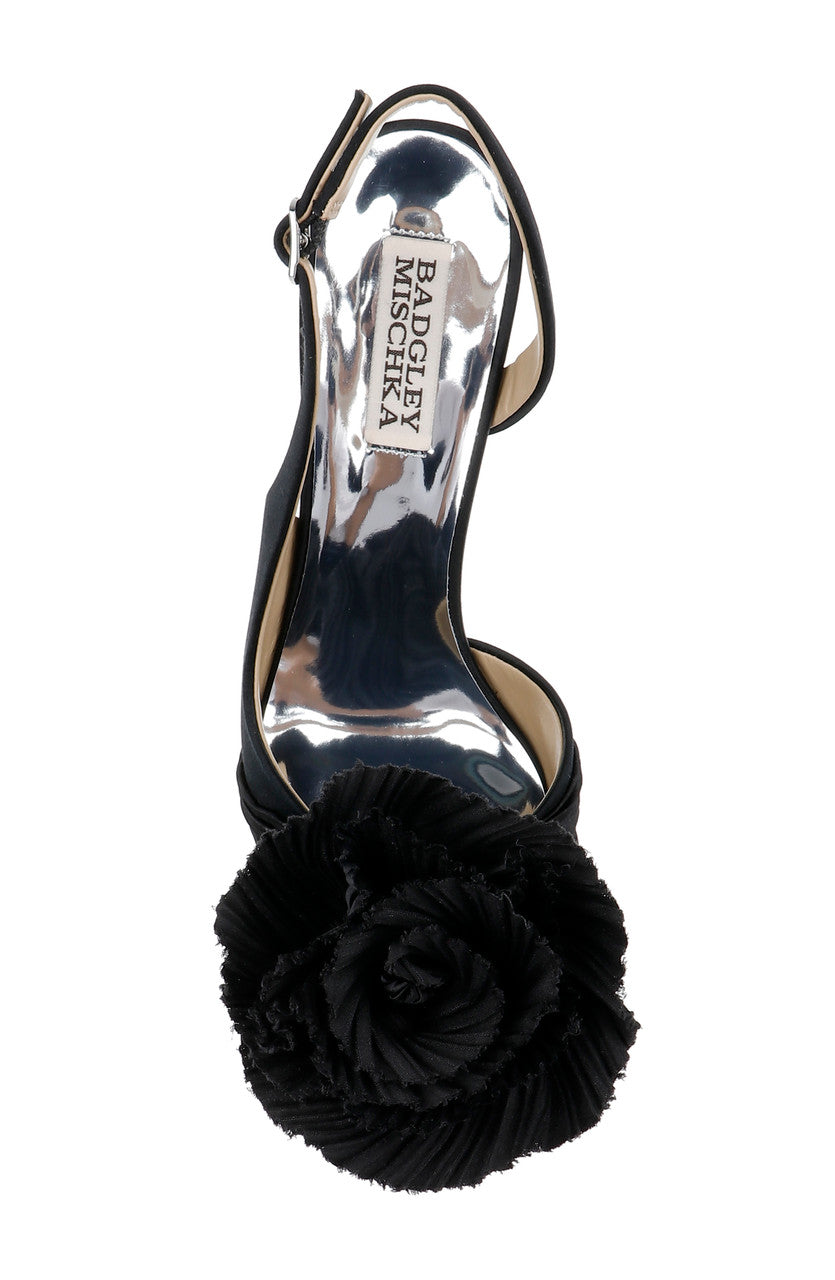 Black | Blaire Pleated Satin Slingback Heels with Floral Detail Top