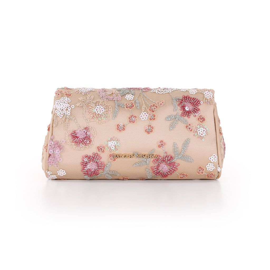 Champagne | Floral Sequin with Pearl Brooch Clutch Back