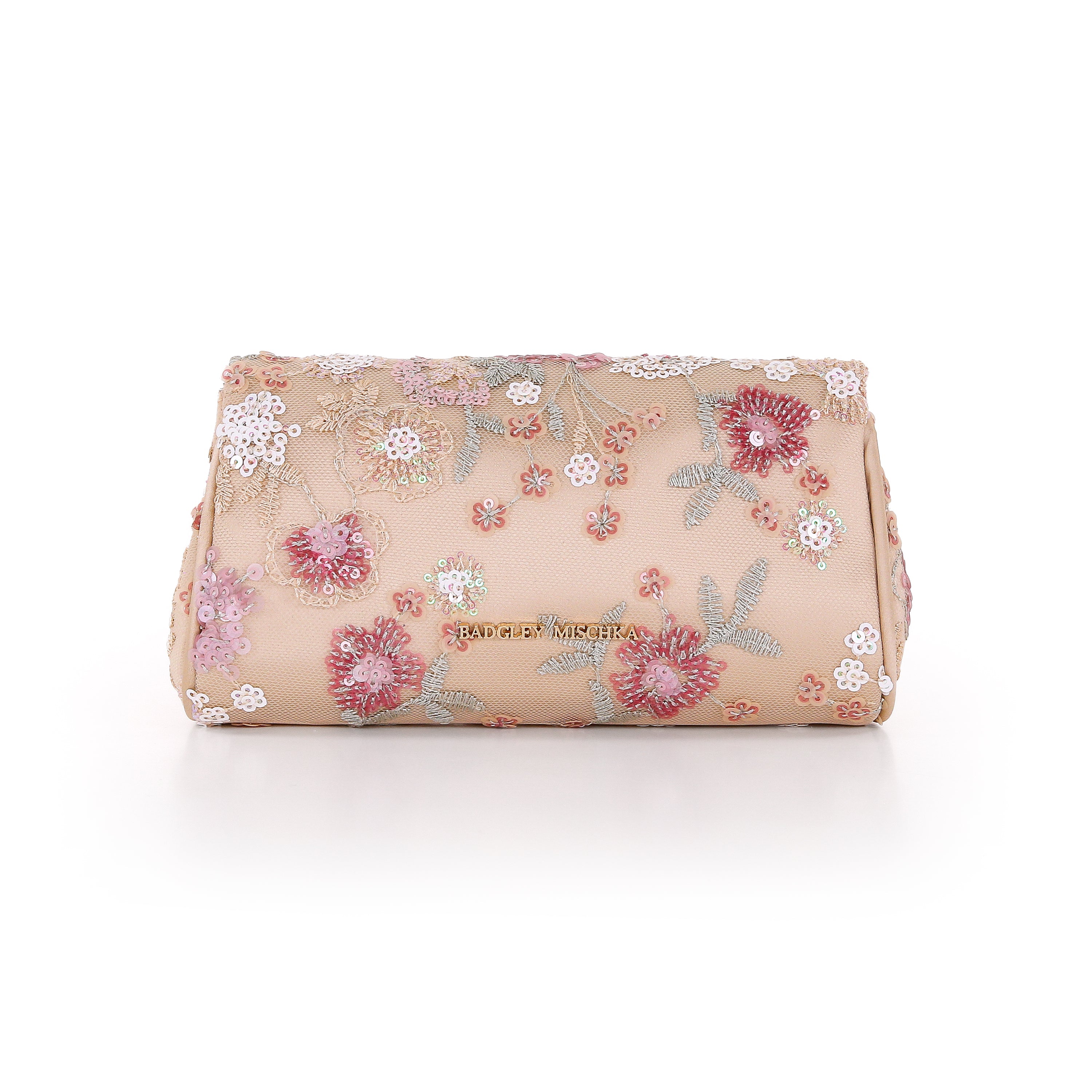 Champagne | Floral Sequin with Pearl Brooch Clutch Back
