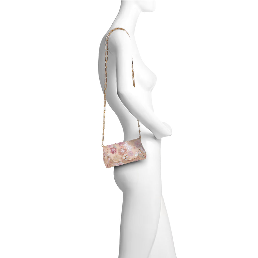 Champagne | Floral Sequin with Pearl Brooch Clutch Form