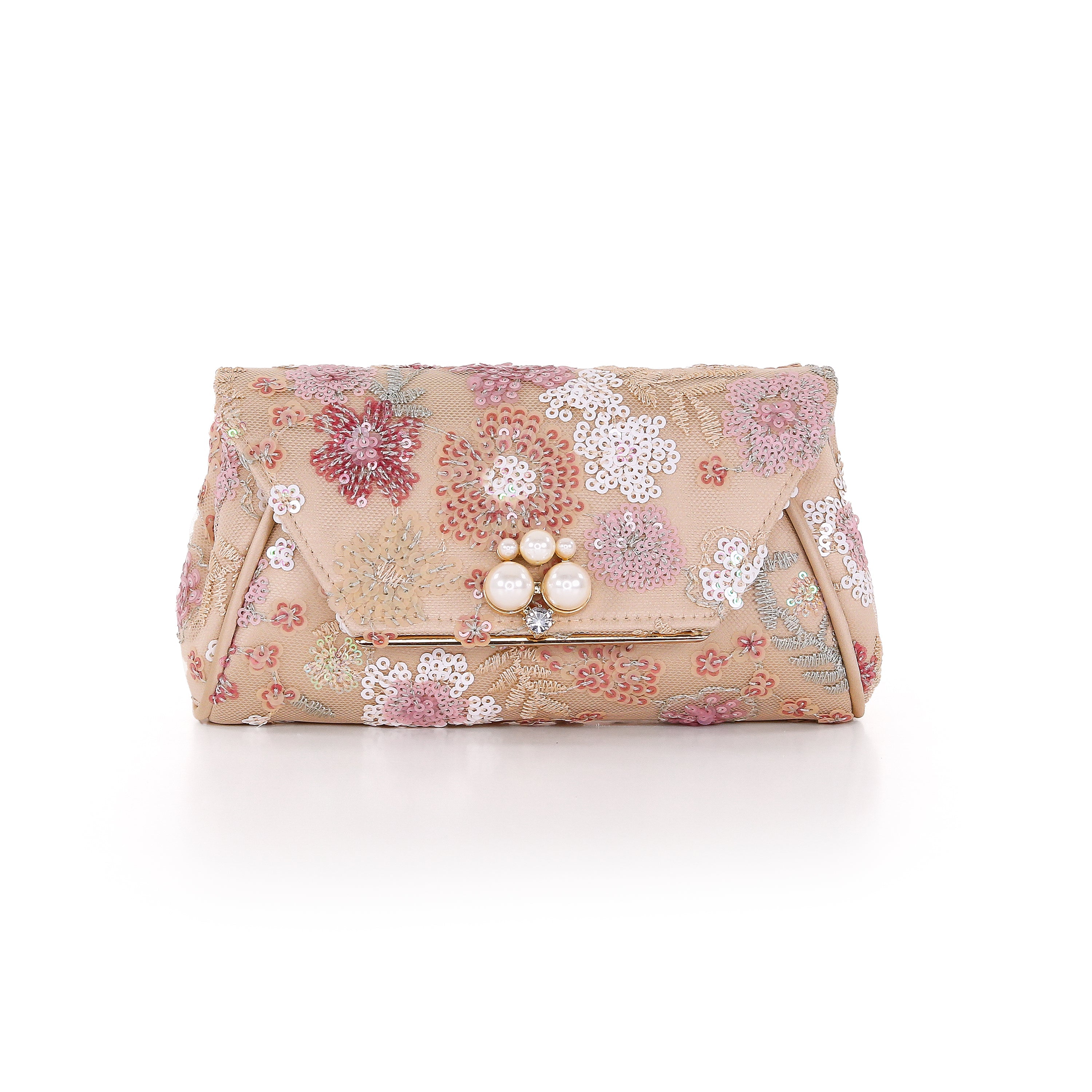 Champagne | Floral Sequin with Pearl Brooch Clutch Front